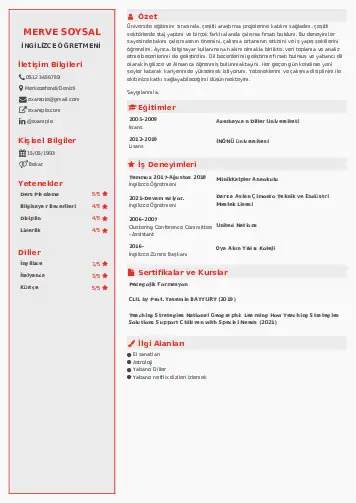 Yabancı Dil Öğretmeni Cv Örnekleri cv indir